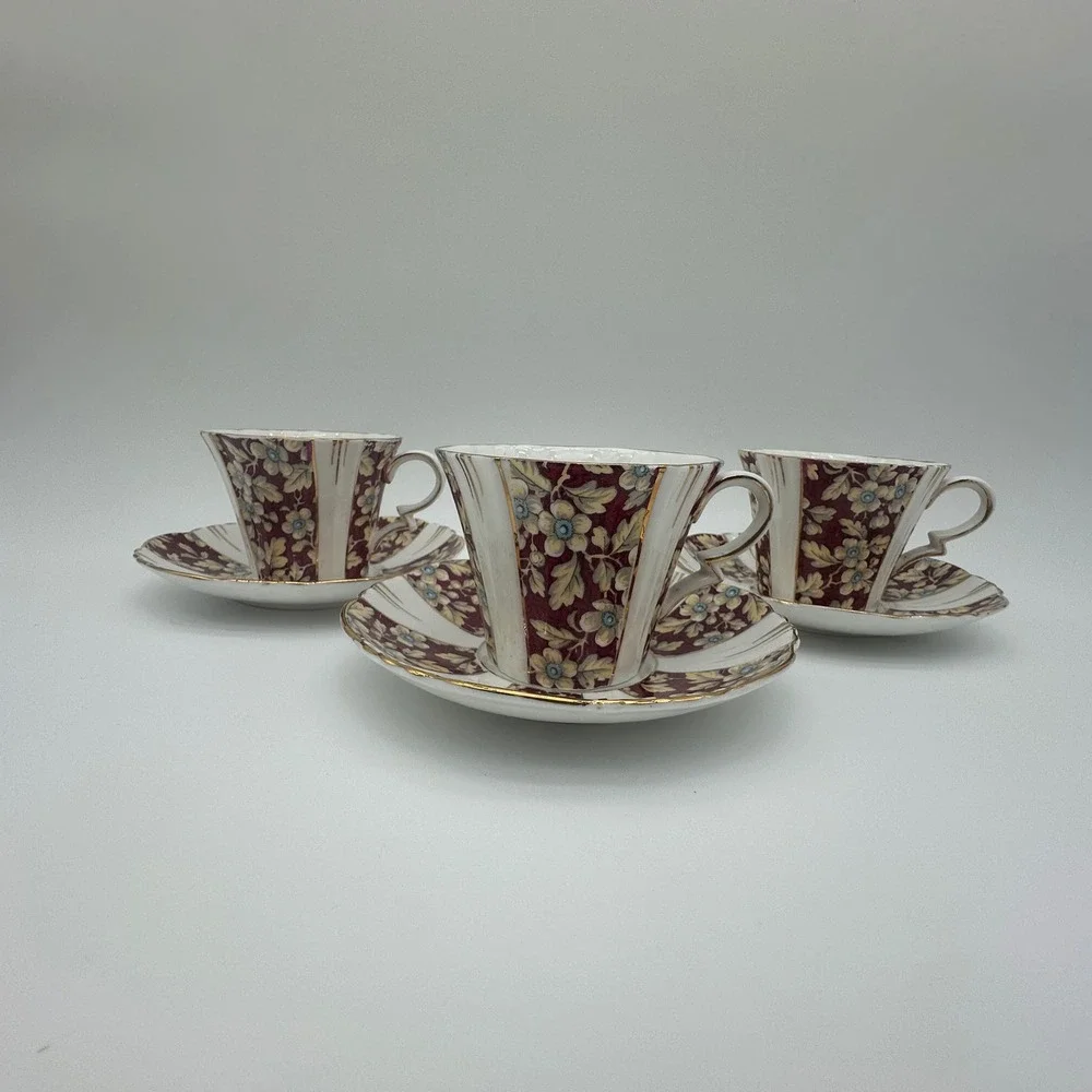 Royal Albert Brocade Art Deco Panel Shape Teacups and Saucers Set of 3 Burgundy